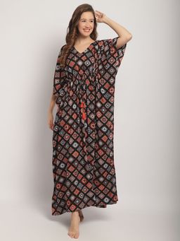 Secret Wish - Womens Black Geometric Printed Rayon Kaftan Nightdress