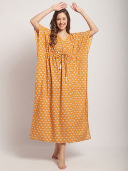 Secret Wish - Womens Yellow Floral Printed Cotton Kaftan Nightdress