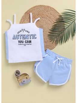 Toonyport - Girls Typography White Cotton Top and Shorts (Set of 2)