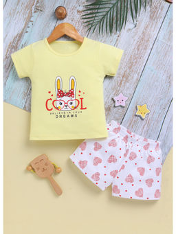 Toonyport - Girls Printed Yellow Cotton T-Shirt and Shorts (Set of 2)