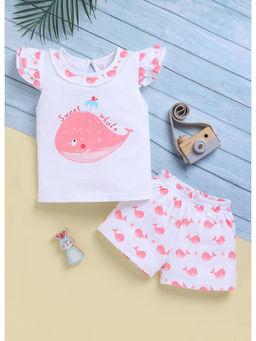 Toonyport - Girls Printed White Cotton Top and Shorts (Set of 2)