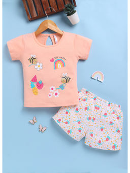 Toonyport - Girls Printed Peach Cotton Top and Shorts (Set of 2)