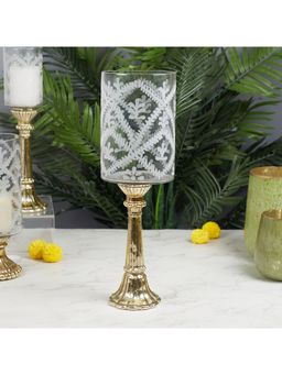 HomeTown - Phiona Glass Etched Handcrafted Hurricane 49 Cm in Gold Colour