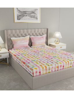 GM - Cotton Digital Checks Print Double Bedsheet with 2 Pillow Covers (90x108 inches, Pink) (Queen)