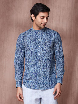 Fabindia - Indigo Cotton Slim Fit Dabu Paisley Printed Shirt
