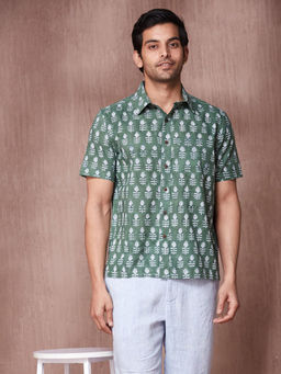 Fabindia - Green Cotton Bagru Printed Regular Fit Shirt