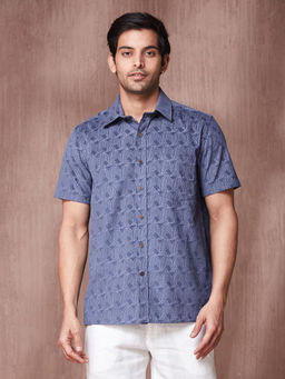 Fabindia - Navy Blue Cotton Printed Regular Fit Shirt