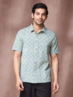 Fabindia - Blue Cotton Printed Regular Fit Half Sleeves Shirt