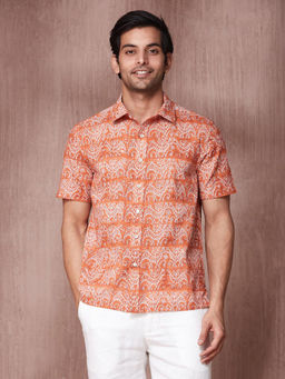 Fabindia - Orange Cotton Printed Regular Fit Shirt