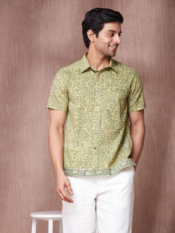 Fabindia - Green Cotton Printed Regular Fit Shirt