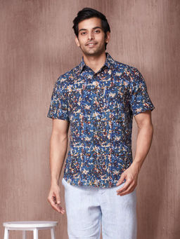 Fabindia - Navy Blue Cotton Slim Fit Bagru Printed Shirt