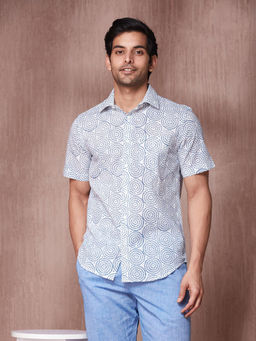 Fabindia - Blue Cotton Slim Fit Printed Half Sleeves Shirt