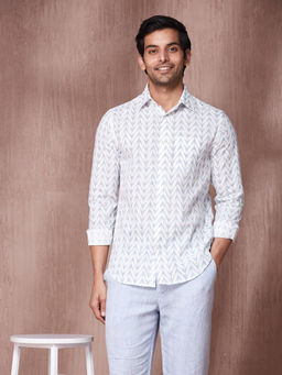 Fabindia - White Cotton Slim Fit Printed Full Sleeves Shirt