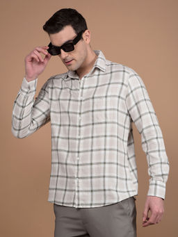 CRIMSOUNE CLUB - Mens Beige Checks Cotton Shirt