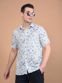 CRIMSOUNE CLUB - Mens Blue Floral Print Linen Shirt