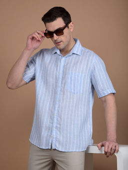 CRIMSOUNE CLUB - Mens Blue Vertical Stripes Linen Shirt