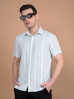 CRIMSOUNE CLUB - Mens Green Vertical Stripes Linen Shirt