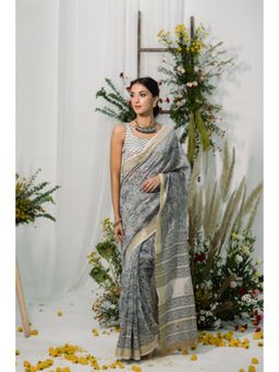 Old Marigold - Bouganvillea Floral Printed Chanderi Silk Saree with Unstitched Blouse