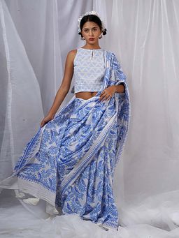 Chidiyaa - Rimi Ivory Hand Block Printed Saree with Unstitched Blouse