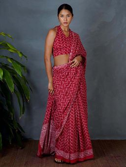 Chidiyaa - Roopika Red Hand Block Printed Saree with Unstitched Blouse