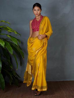 Chidiyaa - Mriga Yellow Hand Block Printed Saree with Unstitched Blouse