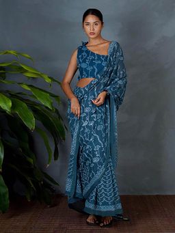 Chidiyaa - Sia Teal Green Hand Block Printed Saree with Unstitched Blouse