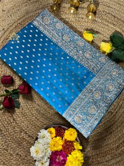 ZILIKAA - Peacock Blue Zardozi Handwork Katan Silk Saree with Unstitched Blouse