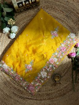 ZILIKAA - Mustard Golden Hand Embroidery Organza Silk Saree with Unstitched Blouse