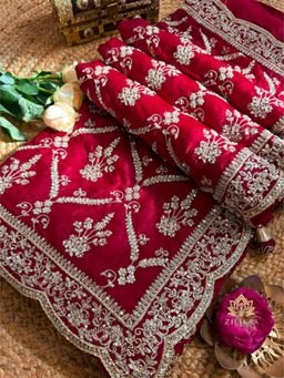 ZILIKAA - Calcutta Red Aari Zardozi Handwork Satin Silk Saree with Unstitched Blouse