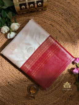ZILIKAA - Ivory with Red Banarasi Katan Silk Saree with Unstitched Blouse