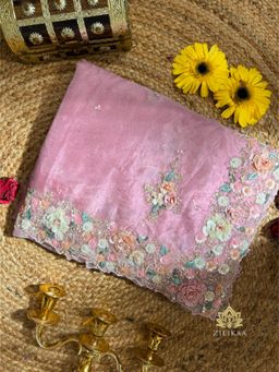 ZILIKAA - Barbie Pink Hand Embroidery Organza Silk Saree with Unstitched Blouse