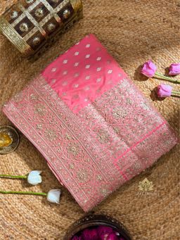 ZILIKAA - Salmon Pink Zardozi Handwork Katan Silk Saree with Unstitched Blouse