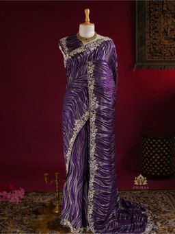 ZILIKAA - Plum Purple Munga Silk Saree with Zardozi with Unstitched Blouse