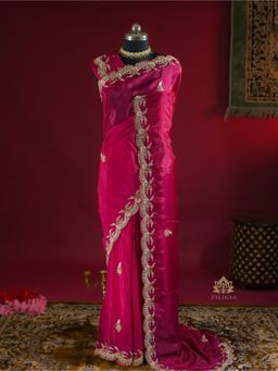 ZILIKAA - Queen Pink Munga Silk Saree with Handwork with Unstitched Blouse