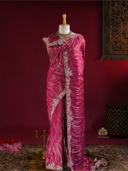 ZILIKAA - Queen Pink Munga Silk Saree with Zardozi Hand Embroidery with Unstitched Blouse