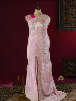 ZILIKAA - Pastel Pink Tissue Silk Saree with Zardozi Handwork with Unstitched Blouse