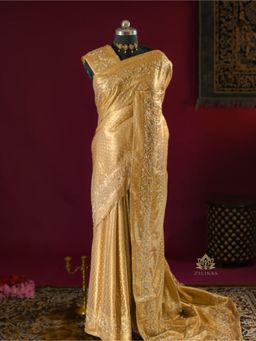 ZILIKAA - Gold Special Kanchipuram Zardozi Tissue Silk Saree with Unstitched Blouse