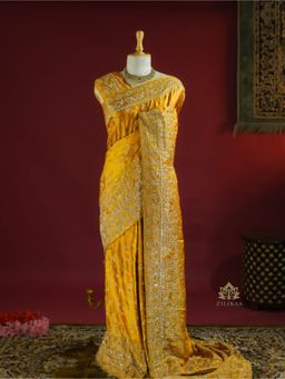 ZILIKAA - Mustard Yellow Zardozi Handwork Mulberry Banarasi Silk Saree with Unstitched Blouse