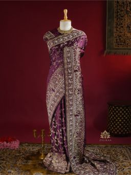 ZILIKAA - Plum Wine Zardozi Handwork Mulberry Banarasi Silk Saree with Unstitched Blouse