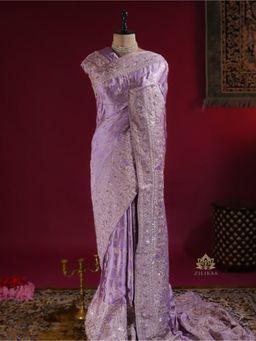 ZILIKAA - Lavender Purple Zardozi Handwork Mulberry Banarasi Silk Saree with Unstitched Blouse