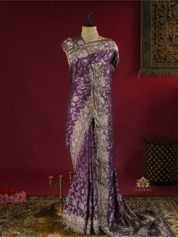 ZILIKAA - Plum Wine Banarasi Katan Silk Saree with Unstitched Blouse with Zardozi Handwork