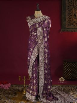 ZILIKAA - Plum Wine Zardozi Handwork Munga Banarasi Silk Saree with Unstitched Blouse