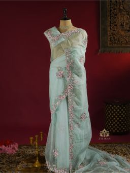 ZILIKAA - Ocean Green Hand Embroidery Organza Silk Saree with Unstitched Blouse