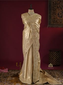 ZILIKAA - Ivory Gold Zardozi Kanchipuram Tissue Silk Saree with Unstitched Blouse