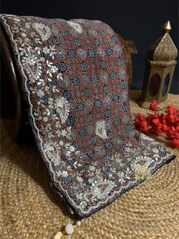 ZILIKAA - Hand Block Ajrakh Modal Silk Saree with Hand Embroidery with Unstitched Blouse