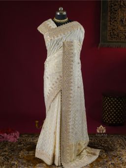 ZILIKAA - Ivory Special Zardozi Handwork Munga Banarasi Silk Saree with Unstitched Blouse