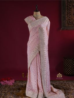 ZILIKAA - Baby Pink Zardozi Handwork Munga Banarasi Silk Saree with Unstitched Blouse