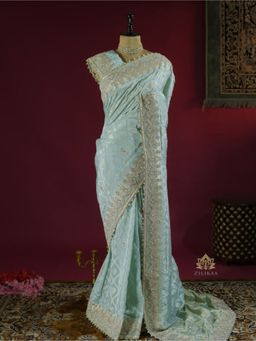 ZILIKAA - Ocean Green Zardozi Handwork Munga Banarasi Silk Saree with Unstitched Blouse