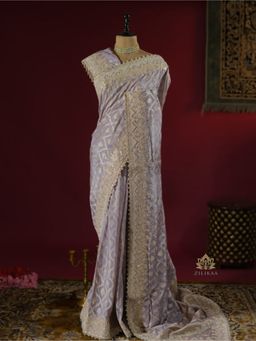 ZILIKAA - Lilac Purple Zardozi Handwork Munga Banarasi Silk Saree with Unstitched Blouse
