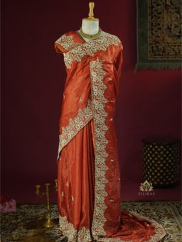 ZILIKAA - Rust Orange Mulberry Silk Saree with Unstitched Blouse